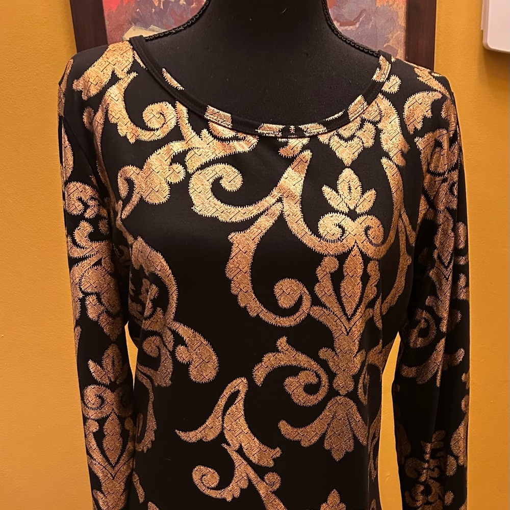 LuLaRoe Elegant Collection Black Gold Filigree Debbie Dress Size L